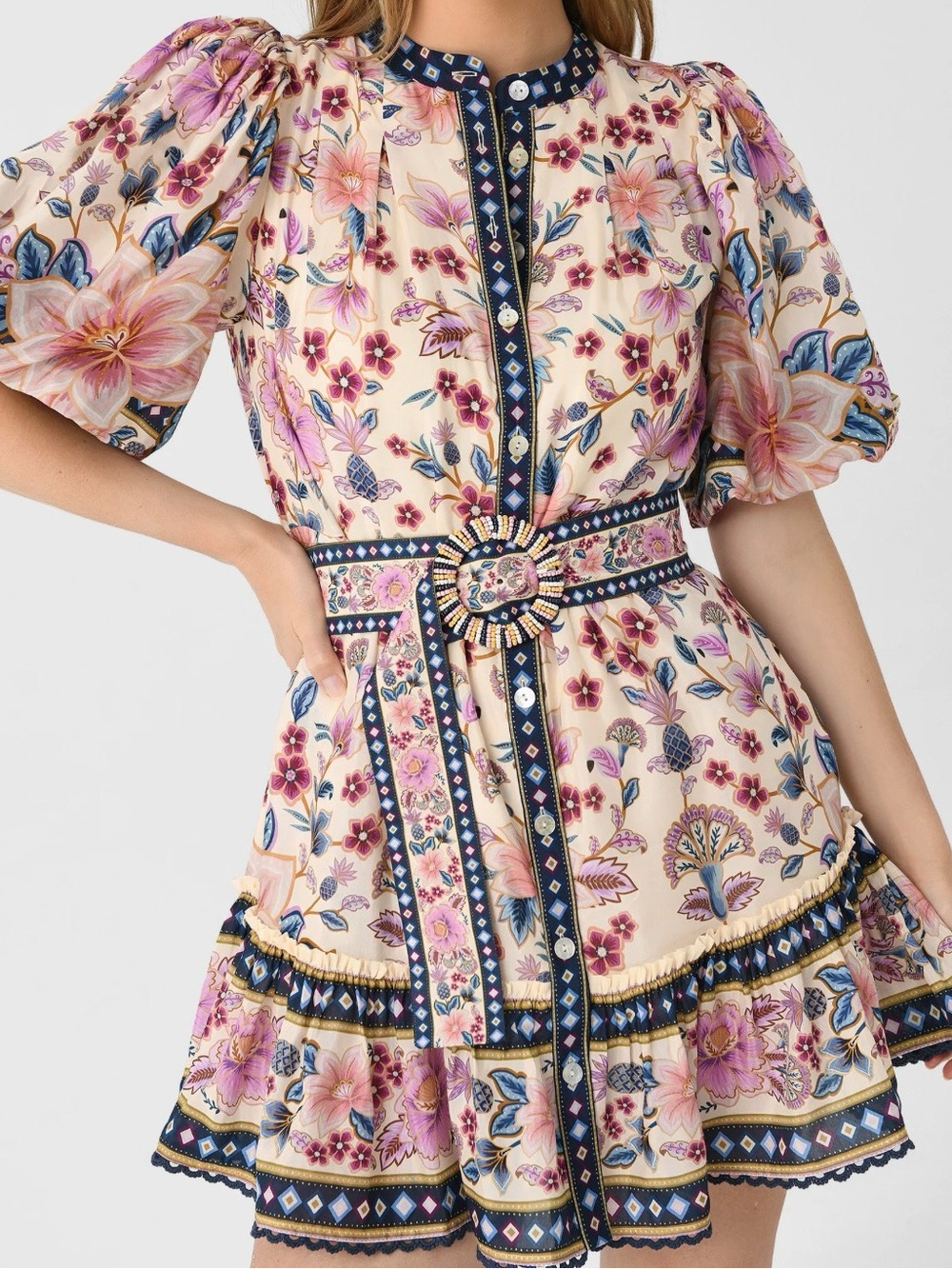 Floral Belted Puff-Sleeve Mini Dress - Cream/Pink